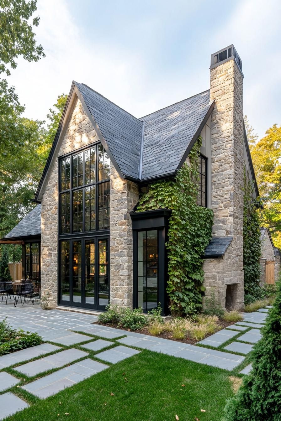 modern european cottage house with stone siding chimney multi pitched gabled roof with slate tile modern windows with black trim vines on facade 3