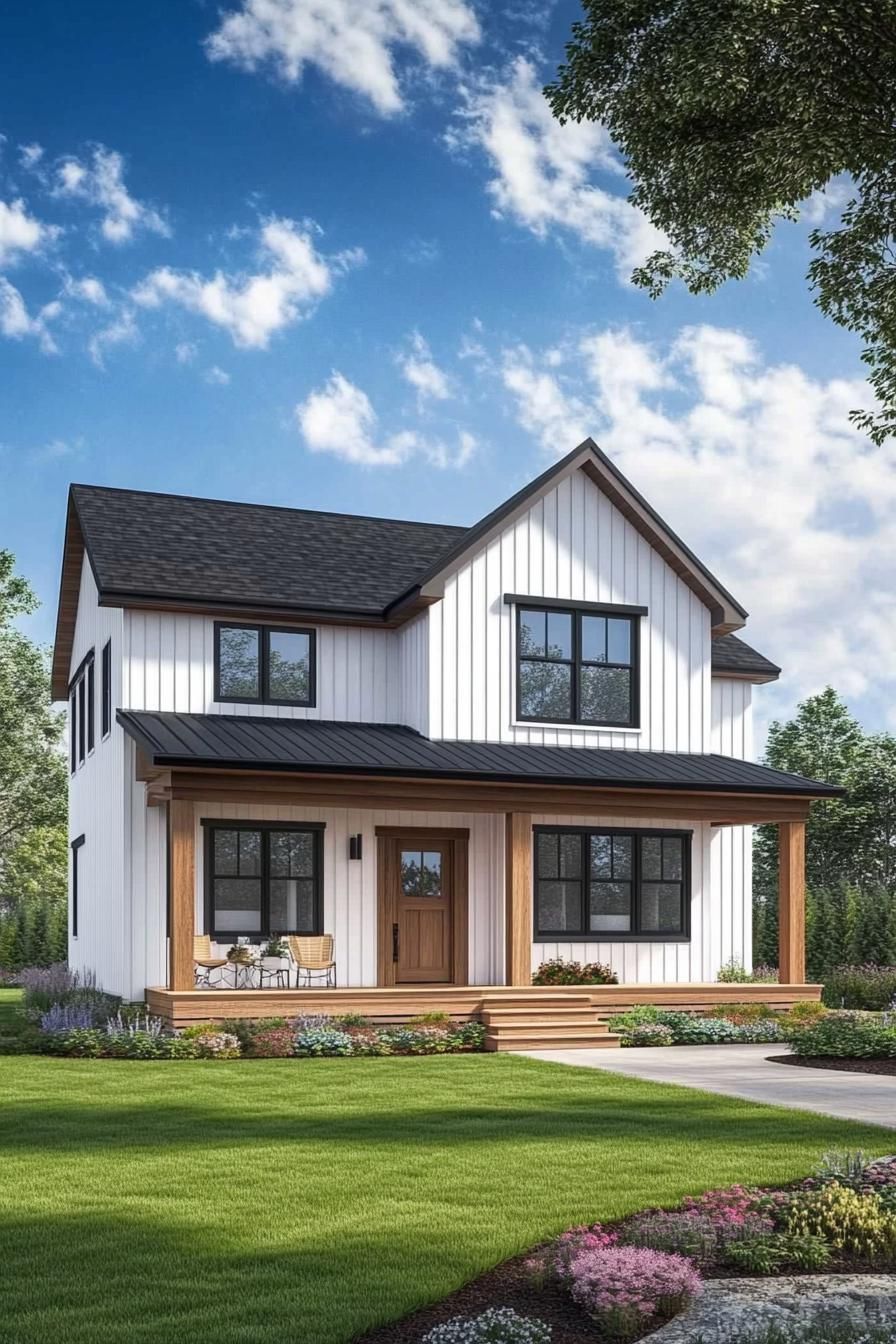 White house with wooden porch and black roof