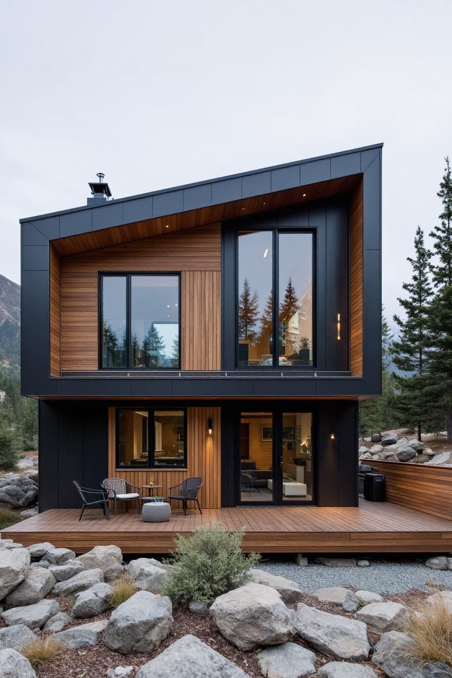 Sleek two-story cabin with floor-to-ceiling windows