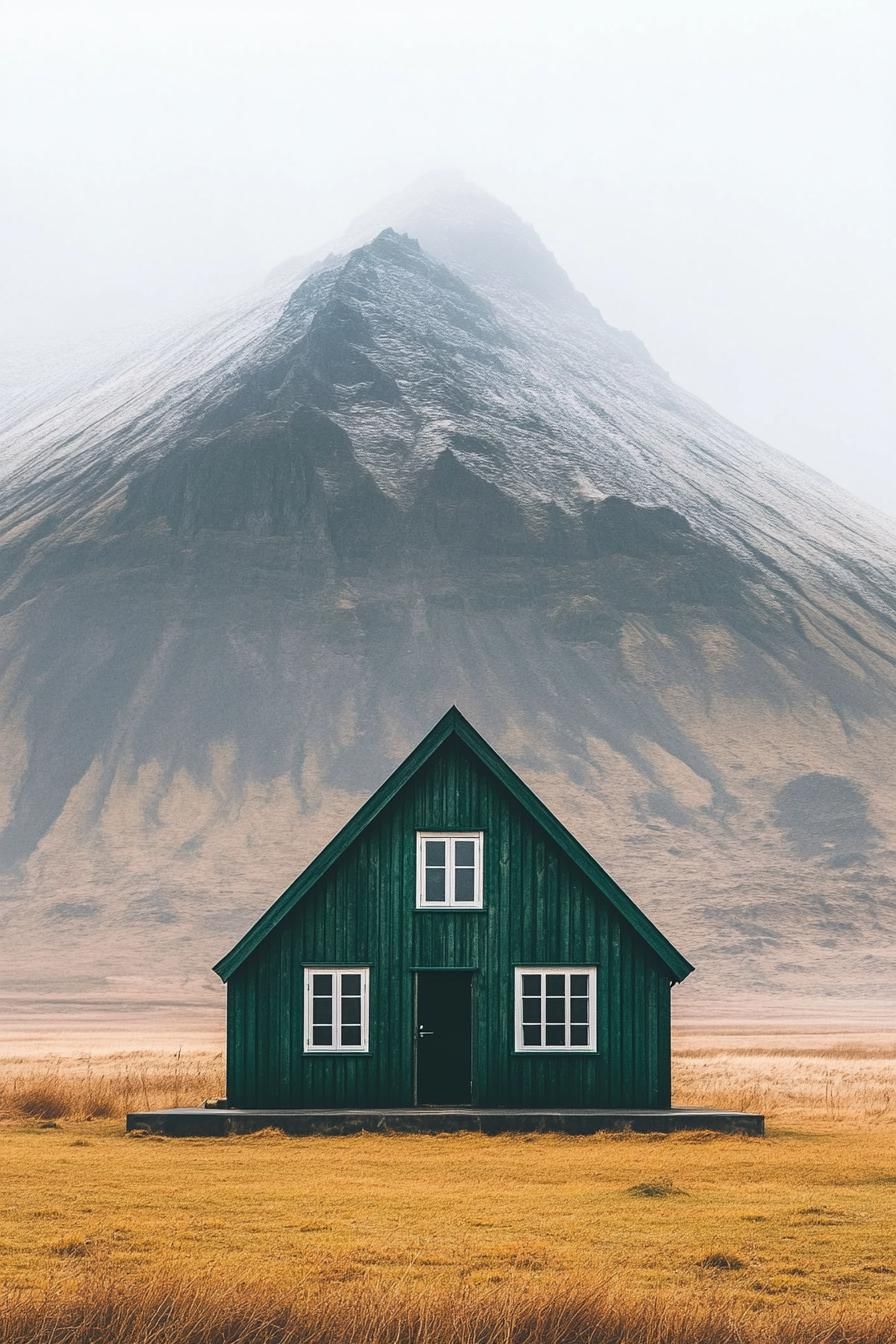 Green cabin in front of a misty mountain