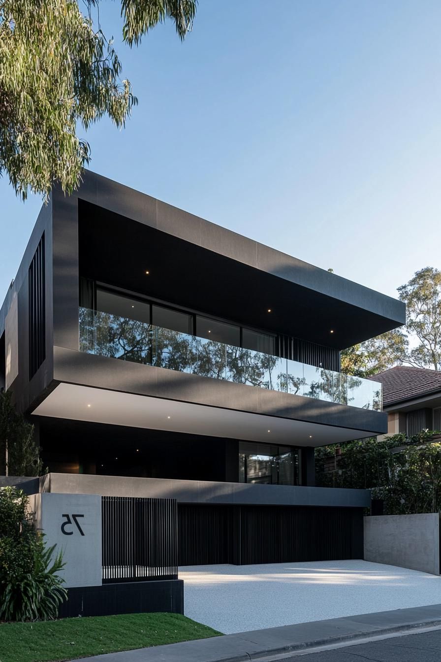 modern blocked black and white house with triple carport rectangular columns house number 75 on the front fence v 6.1