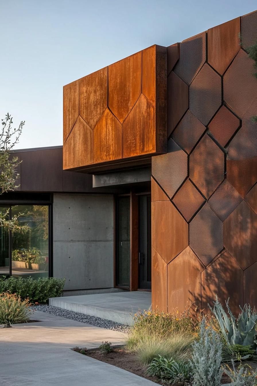 modern house geometric facade with rusted metal hexagon pattern mesh wall