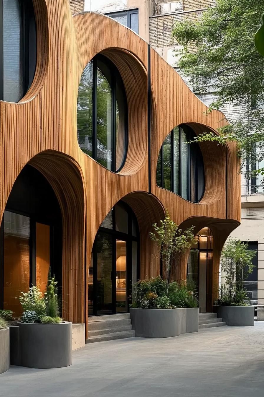 Contour of curved wood facade with arched windows