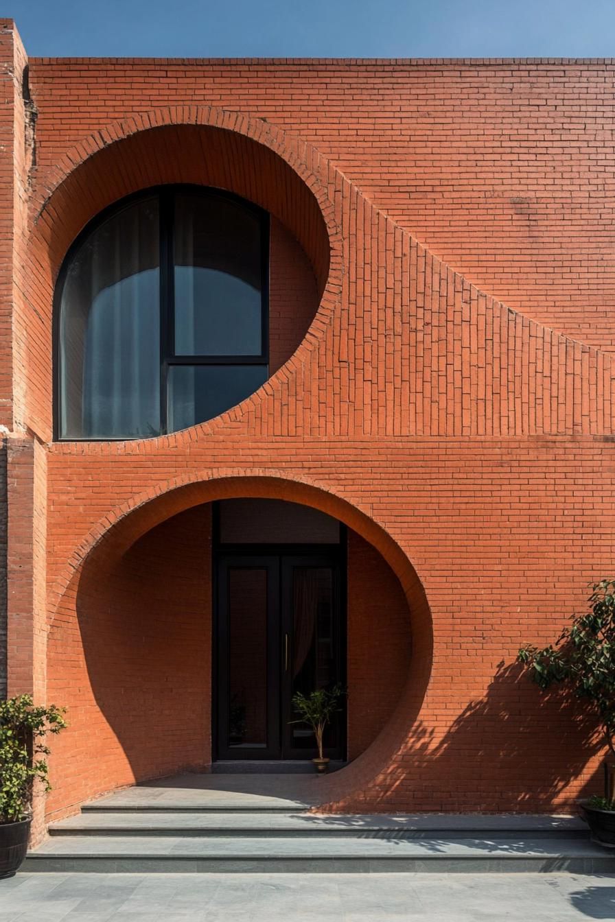 geometric house facade with spiral shaped brick arch doorway 2