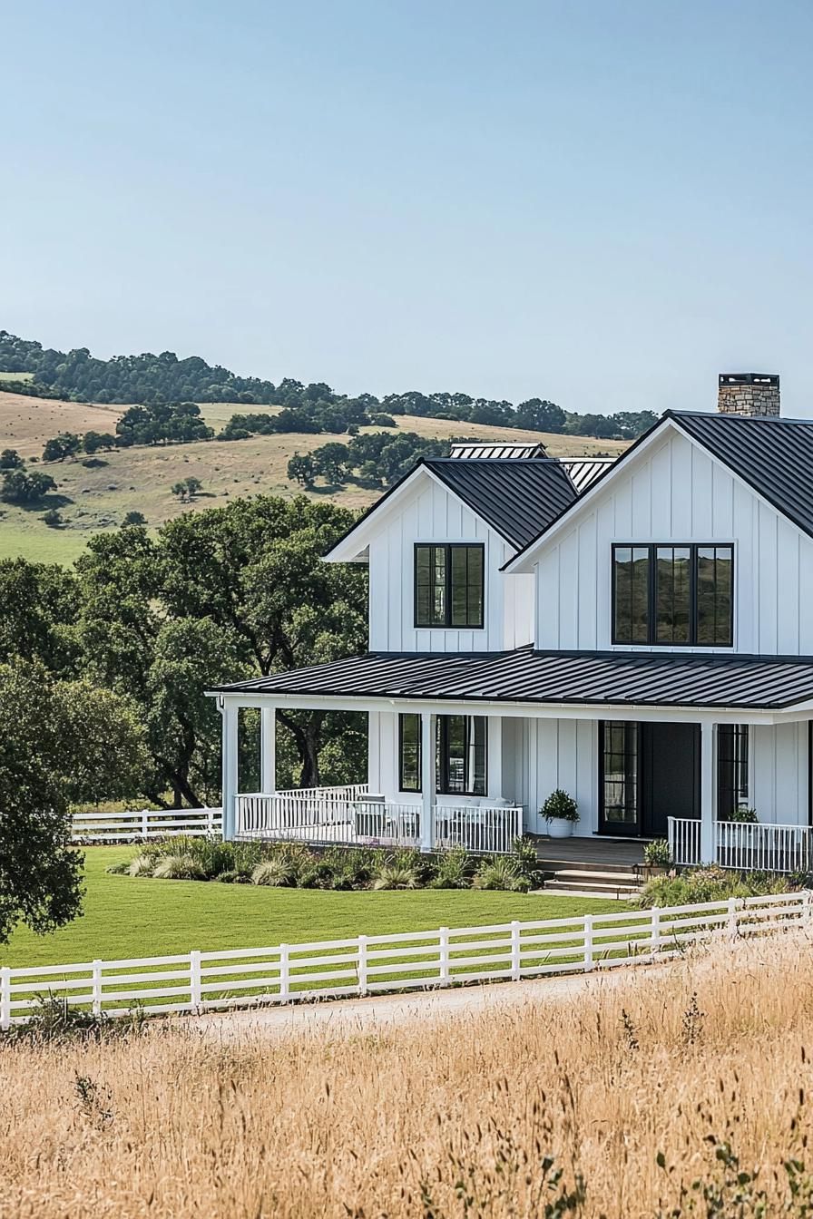 White house with black roof in pastoral setting