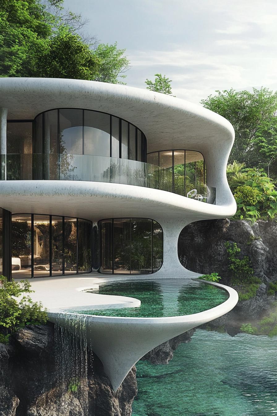 Futuristic home with curves, rocks, and water