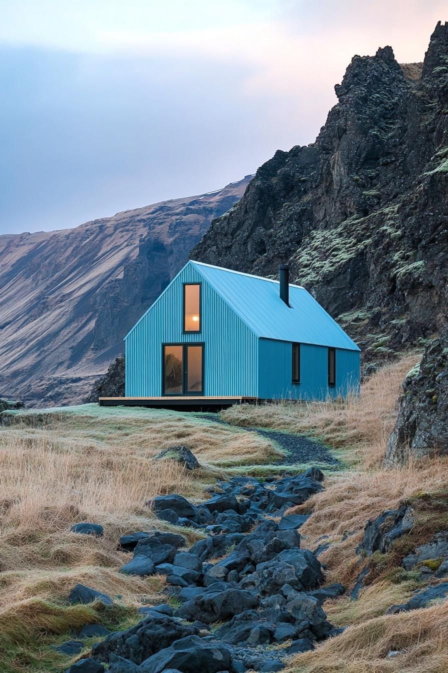 Small blue cabin nestled among rocky cliffs and grass