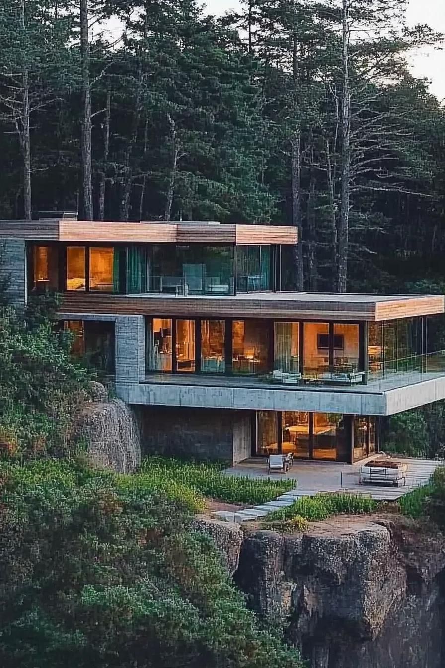 modern house with cascading terraces built from bottom up a steep hillside slope large glass windows rocky steep slope in a forest 4