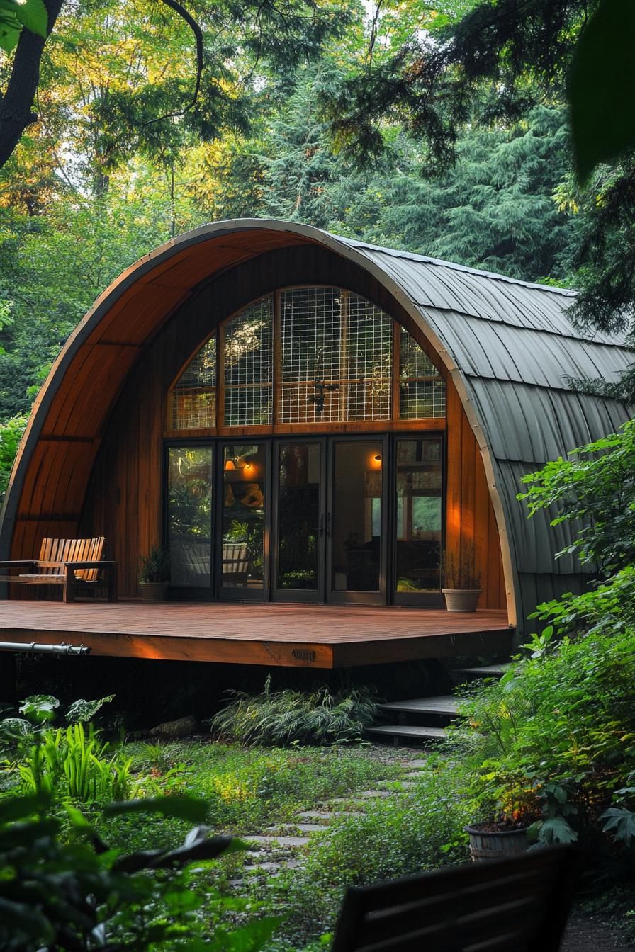 Quonset hut with a wooden deck in a lush forest setting