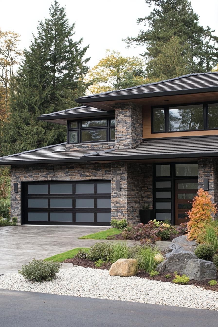 contemporary house exterior with multilevel flat roofing stone brick siding dark stained wood accents garage and front door in dark wood full wall