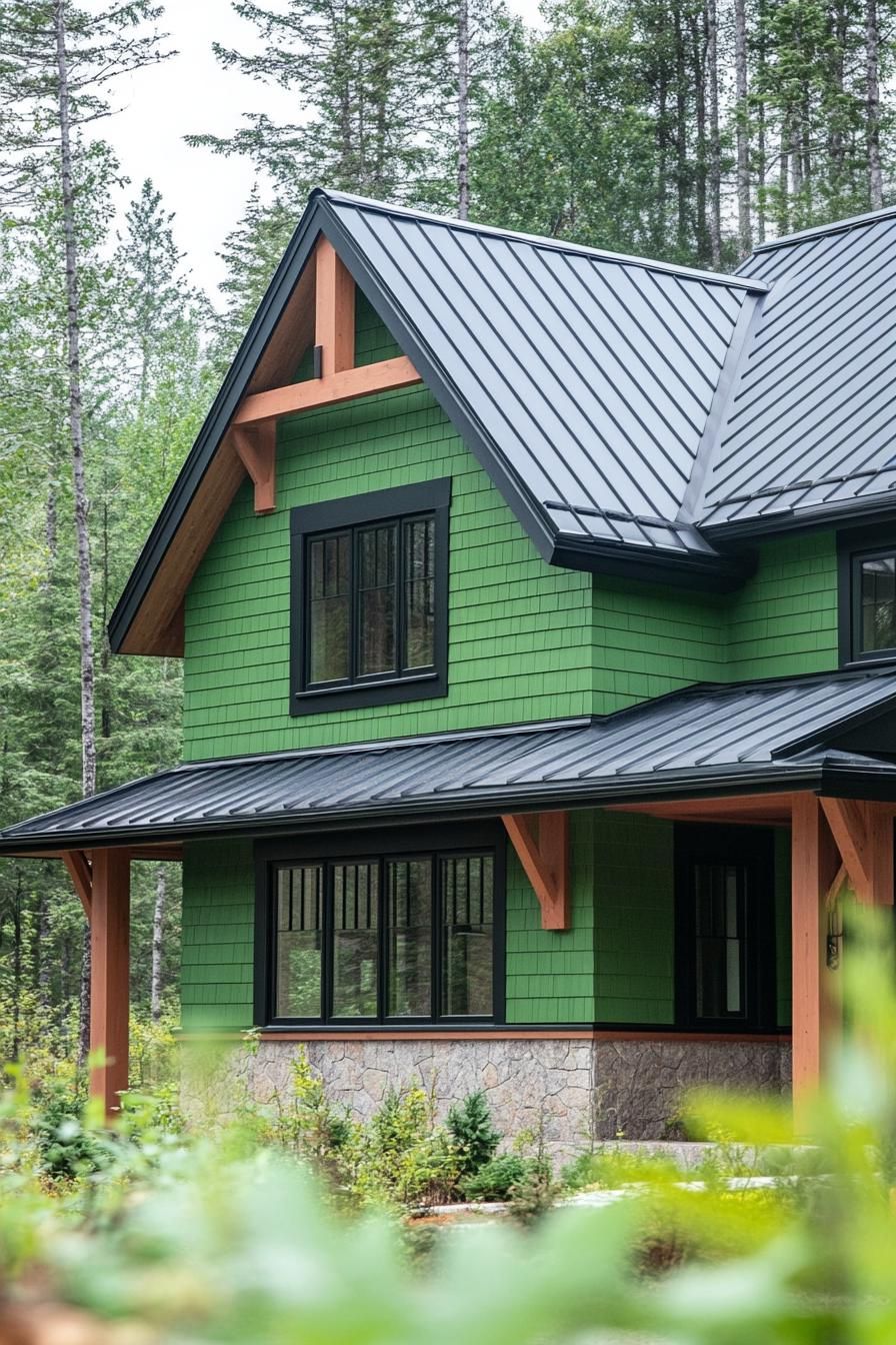 Green house with black trim and metal roof, surrounded by trees