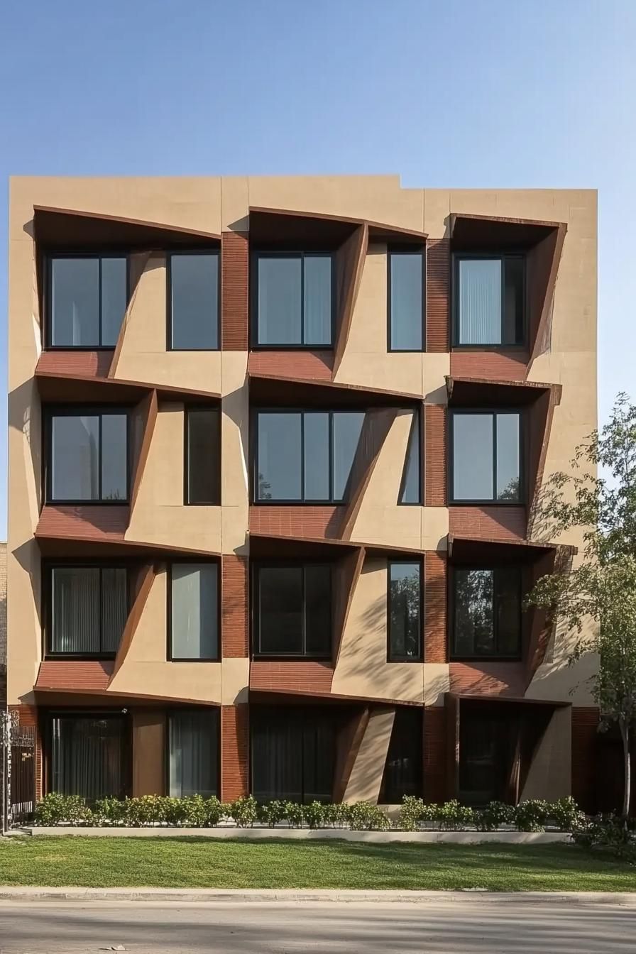 facade of a modern condo building with geometric bay windows