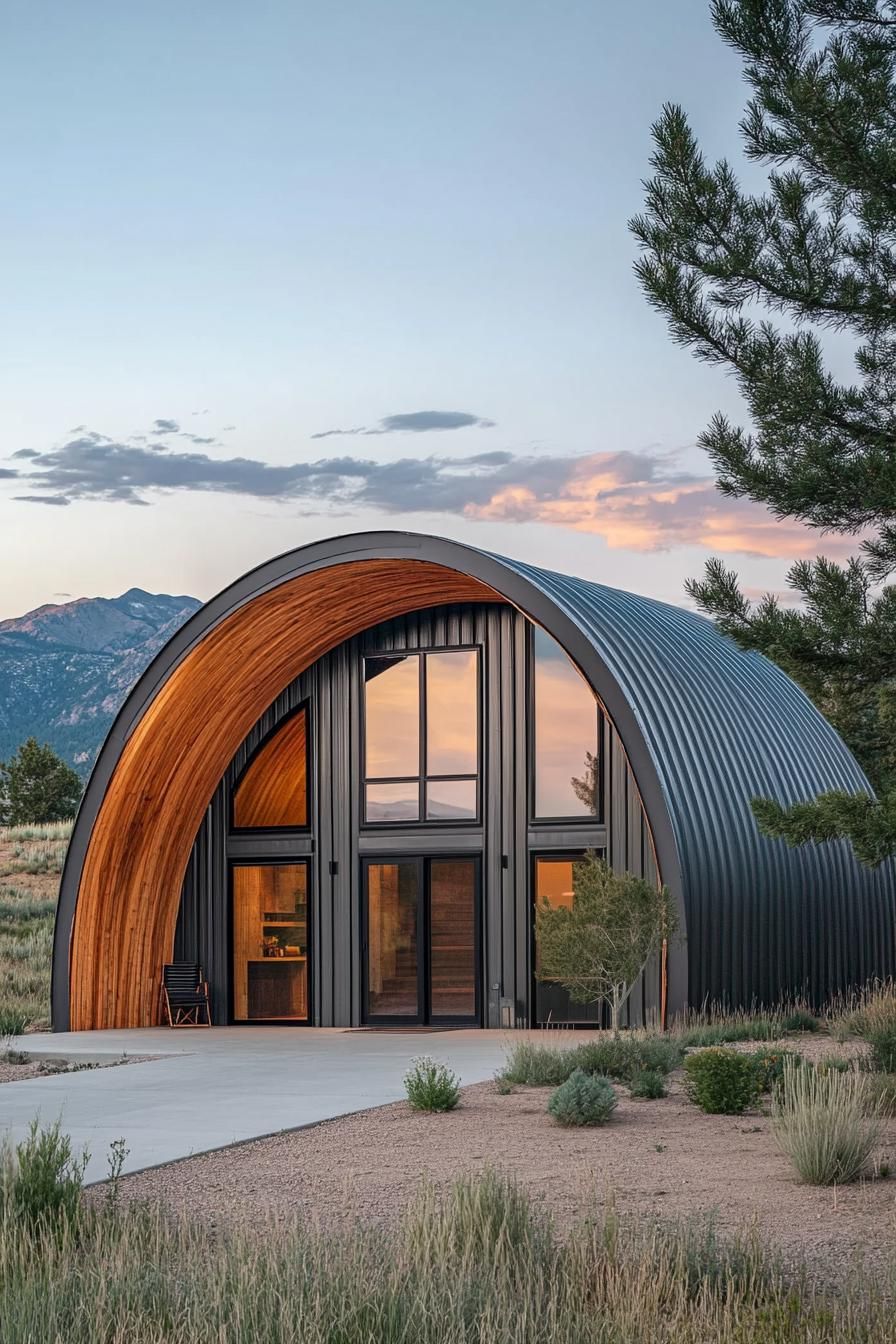 Curved Quonset hut with large windows