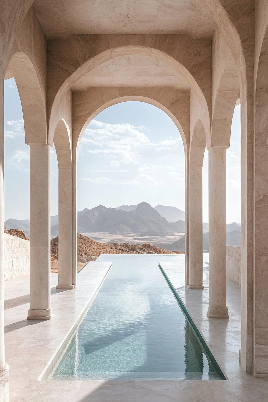 white marble oasis in a desert with tall arches and columns pool in the middle stunning desert and sea views 1