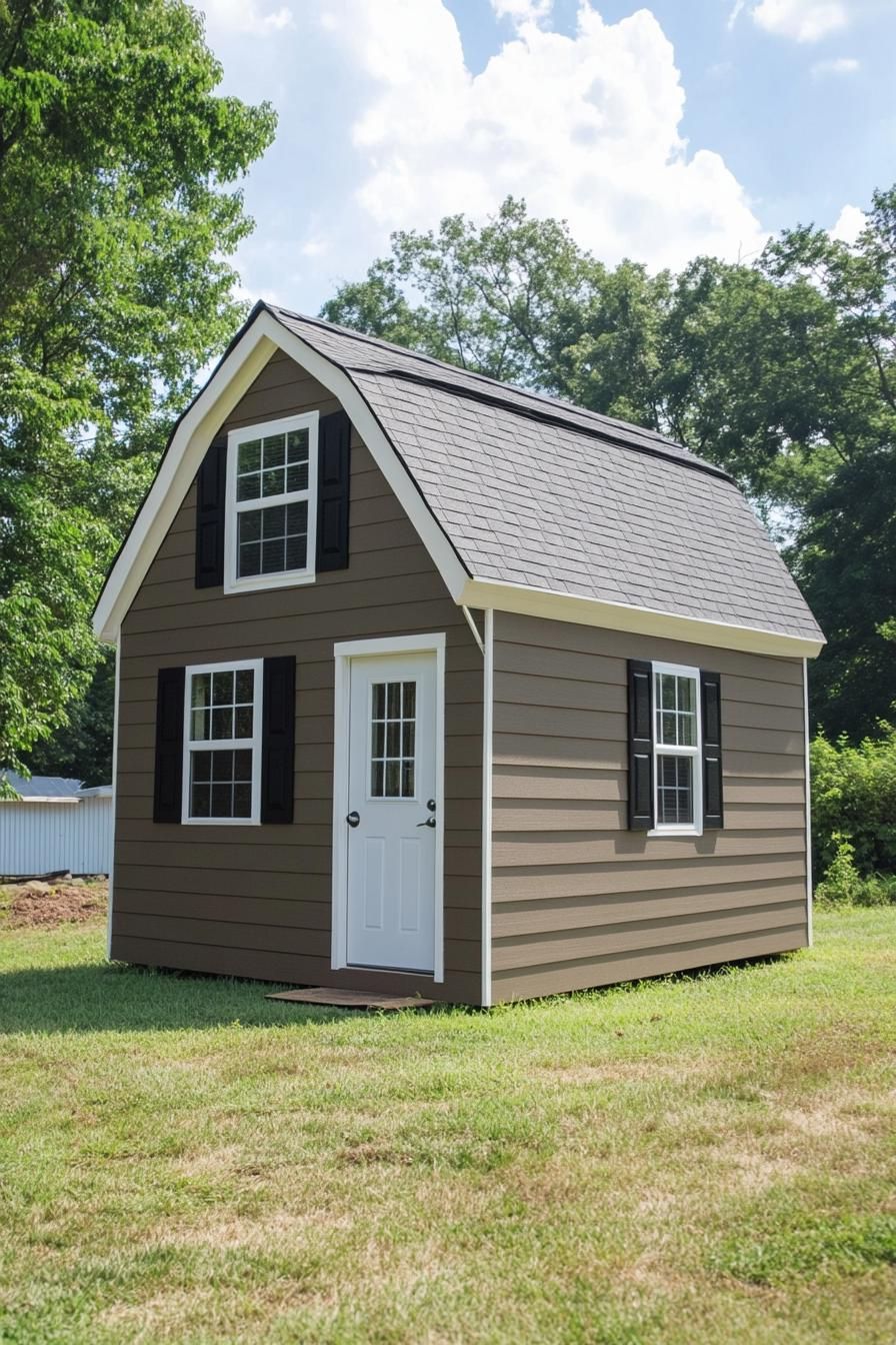 Two-story shed house with a gambrel roof and charming windows