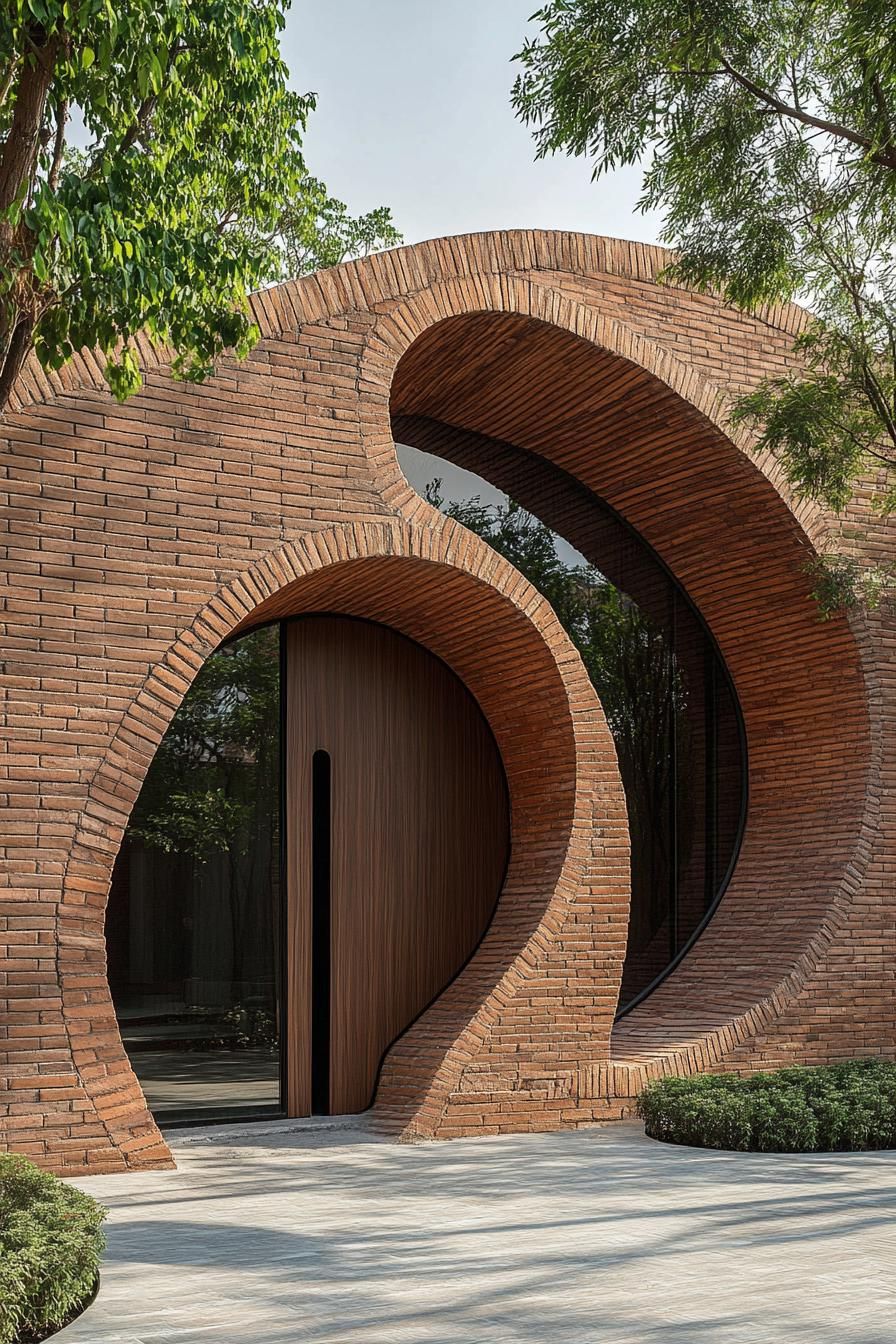 geometric house facade with spiral shaped brick arch doorway 1