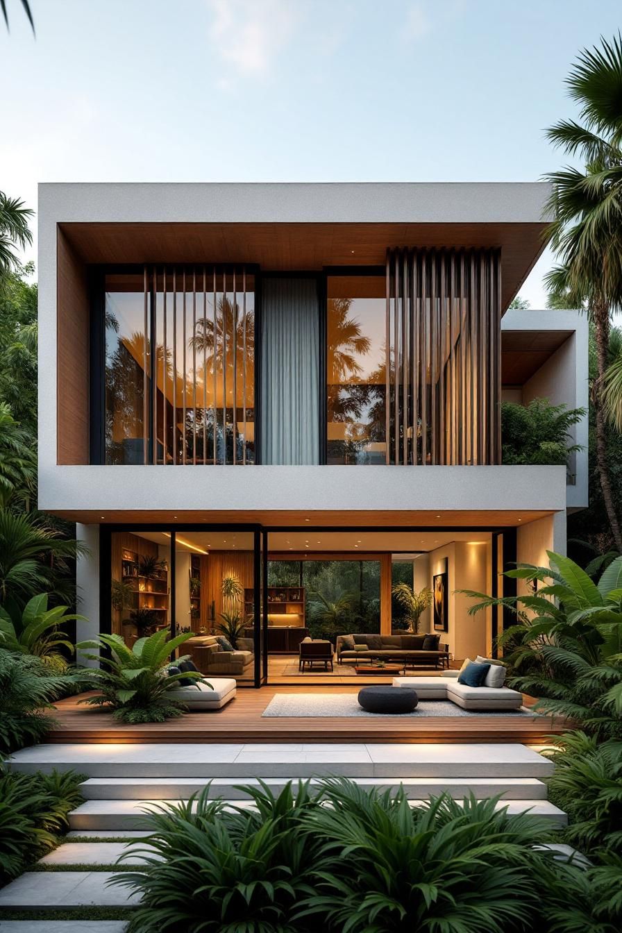 Stunning tropical house surrounded by lush greenery