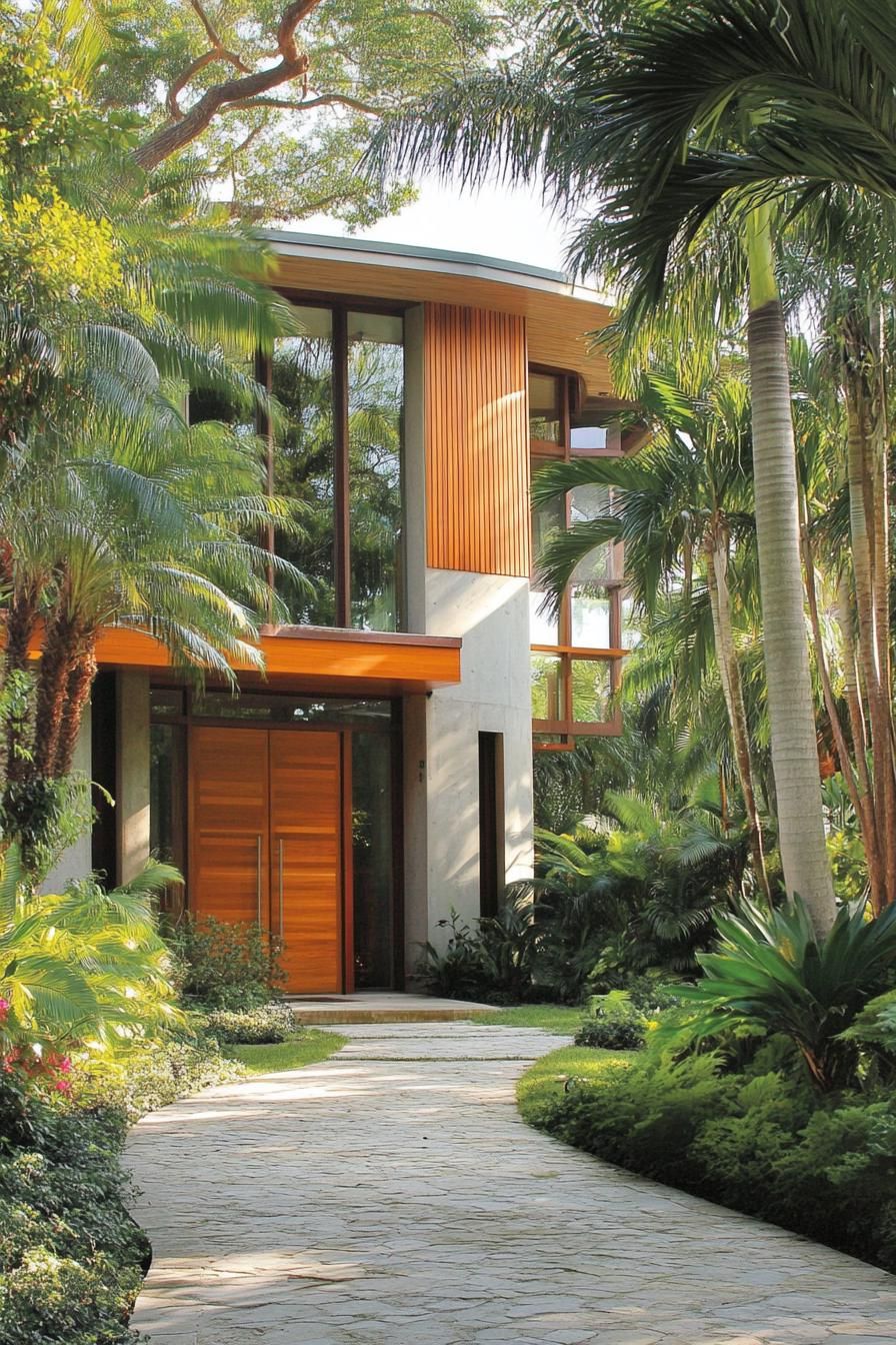 Tropical house with wooden elements surrounded by lush greenery