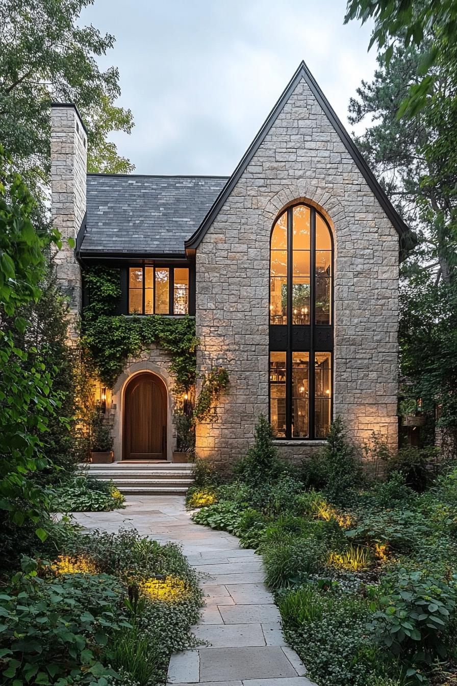 Charming stone cottage illuminated from within at dusk