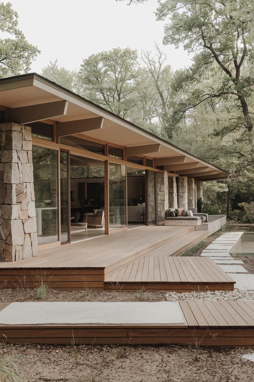 Stone and wood mid-century ranch house with large windows