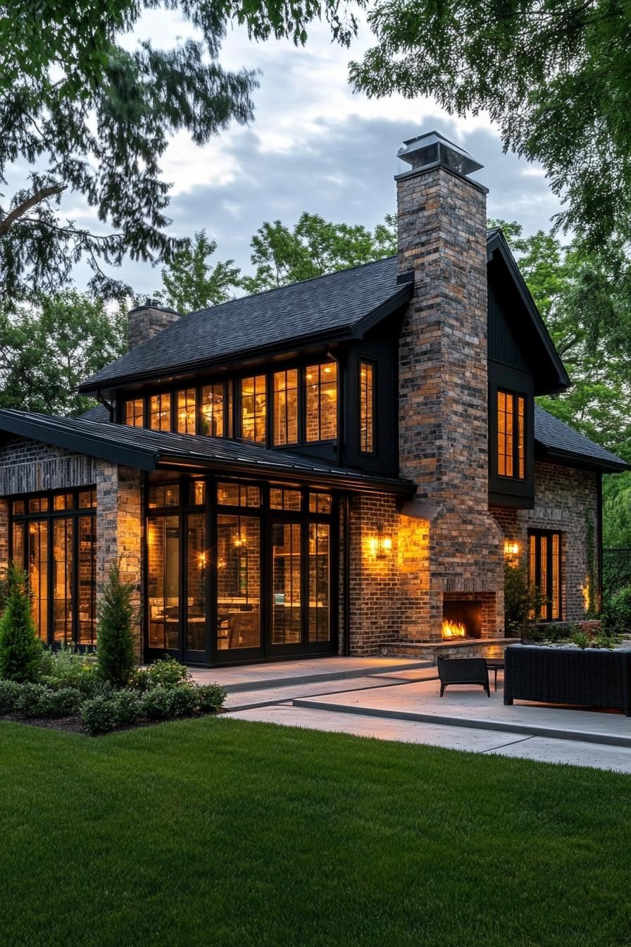 modern dark brick cottage house with black trim multi pitche black roof brick chimney large windows with black trim concrete patio front yard 1