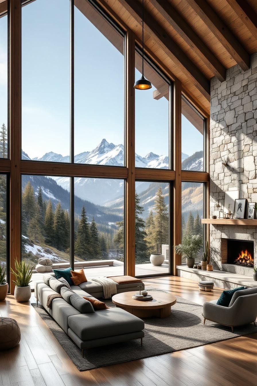 Spacious cabin interior with large windows and mountain views