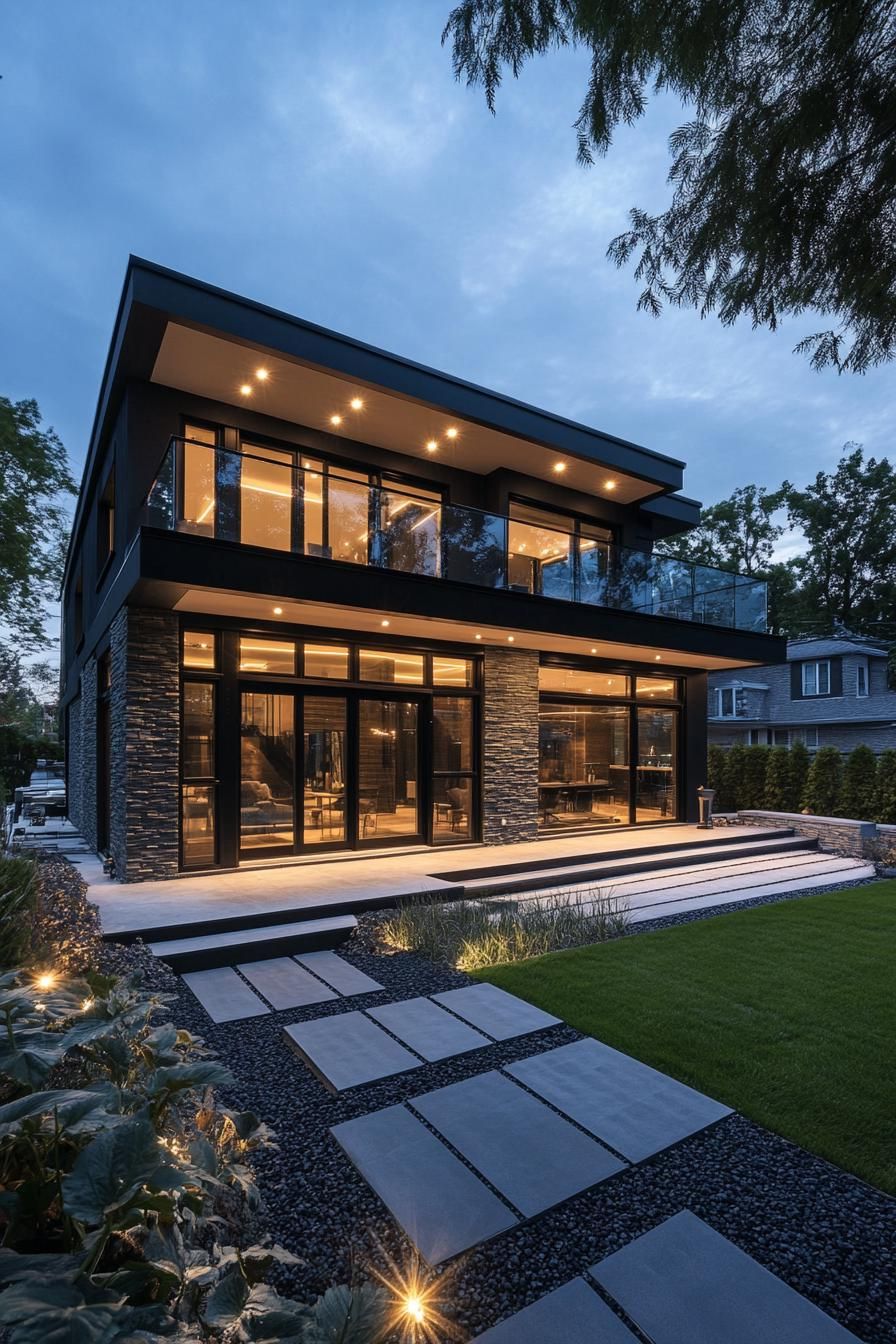 contemporary house exterior in black siding with accept stone wall full glass wall windows large balcony and porch LED lit eaves landscaping with 3