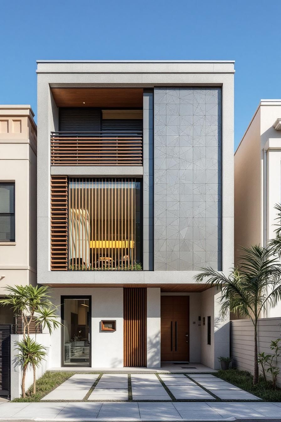 Modern house facade with geometric panels and wooden accents