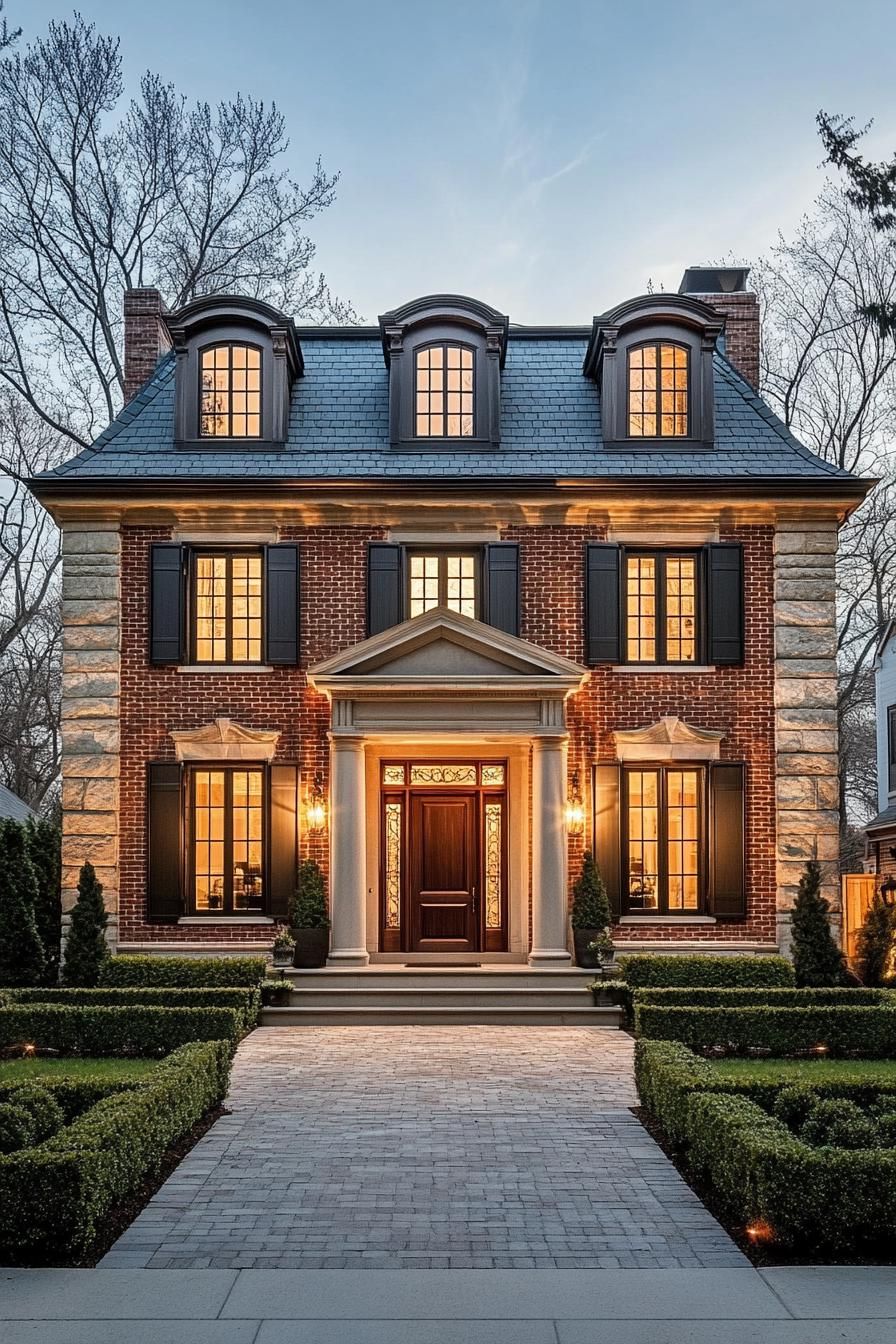 Elegant Georgian house with neatly trimmed hedges