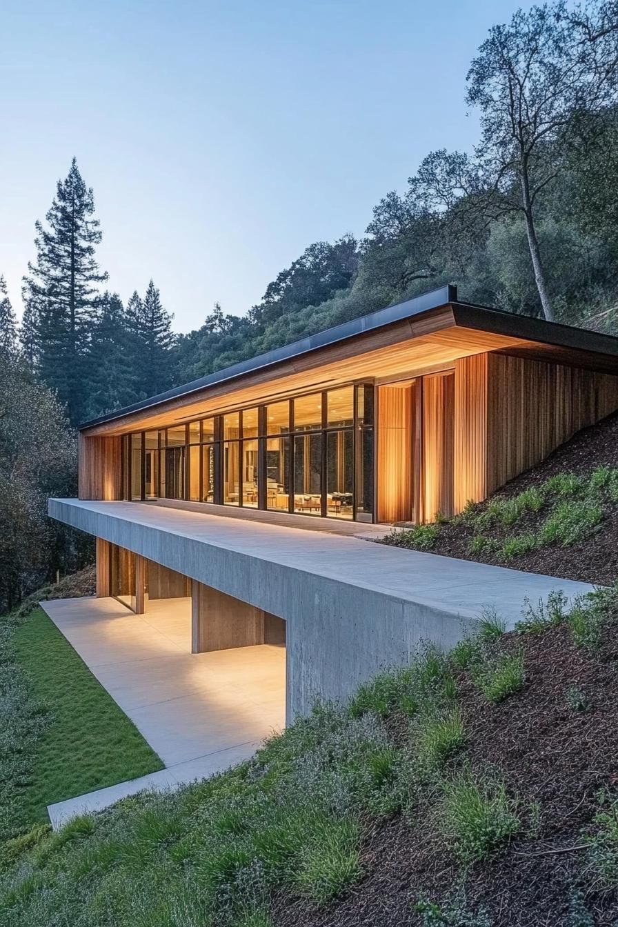 Modern long house illuminated at dusk