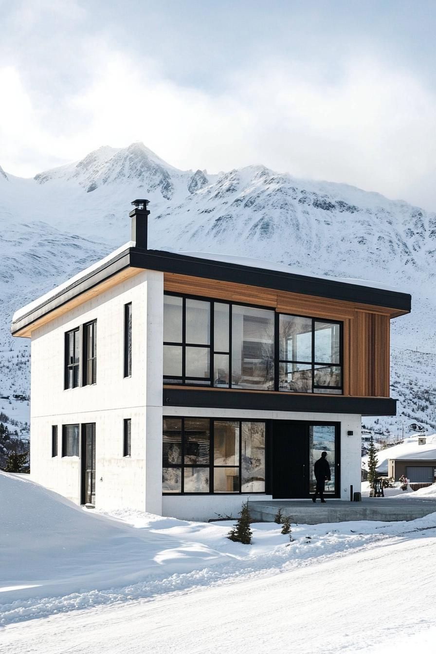 White house with striking black trim in a snowy landscape