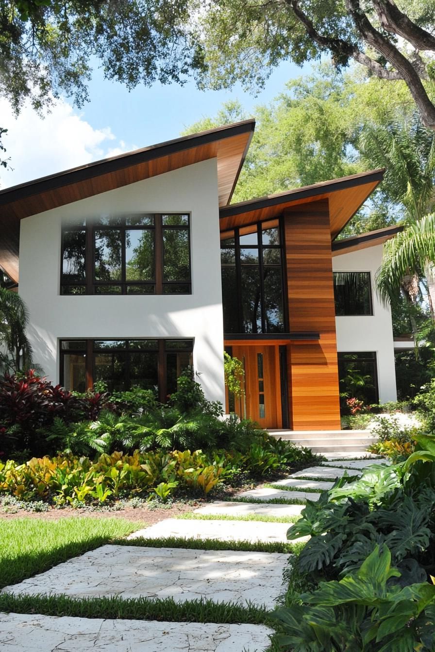 A modern house with sharp rooflines surrounded by lush greenery