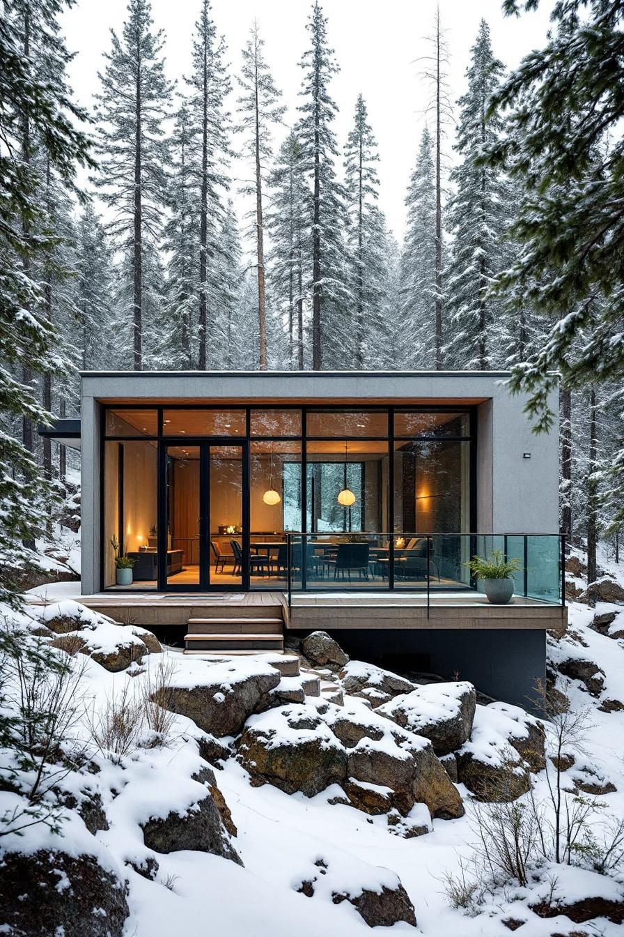 Contemporary cabin with glass facade surrounded by snowy forest