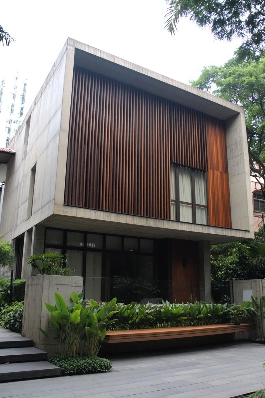 Modern house facade with wood and concrete elements