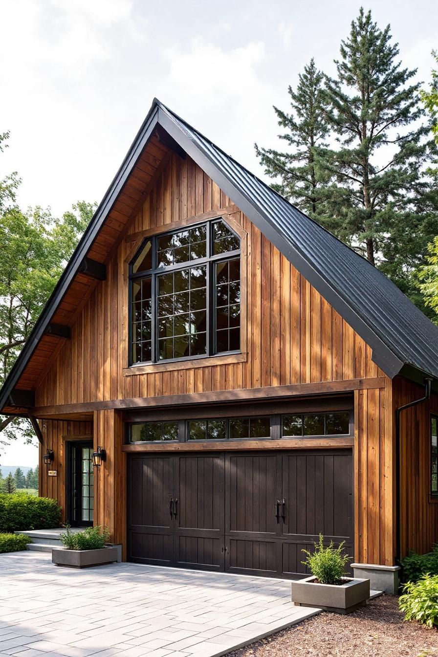 Wooden garage with sloped roof and large windows