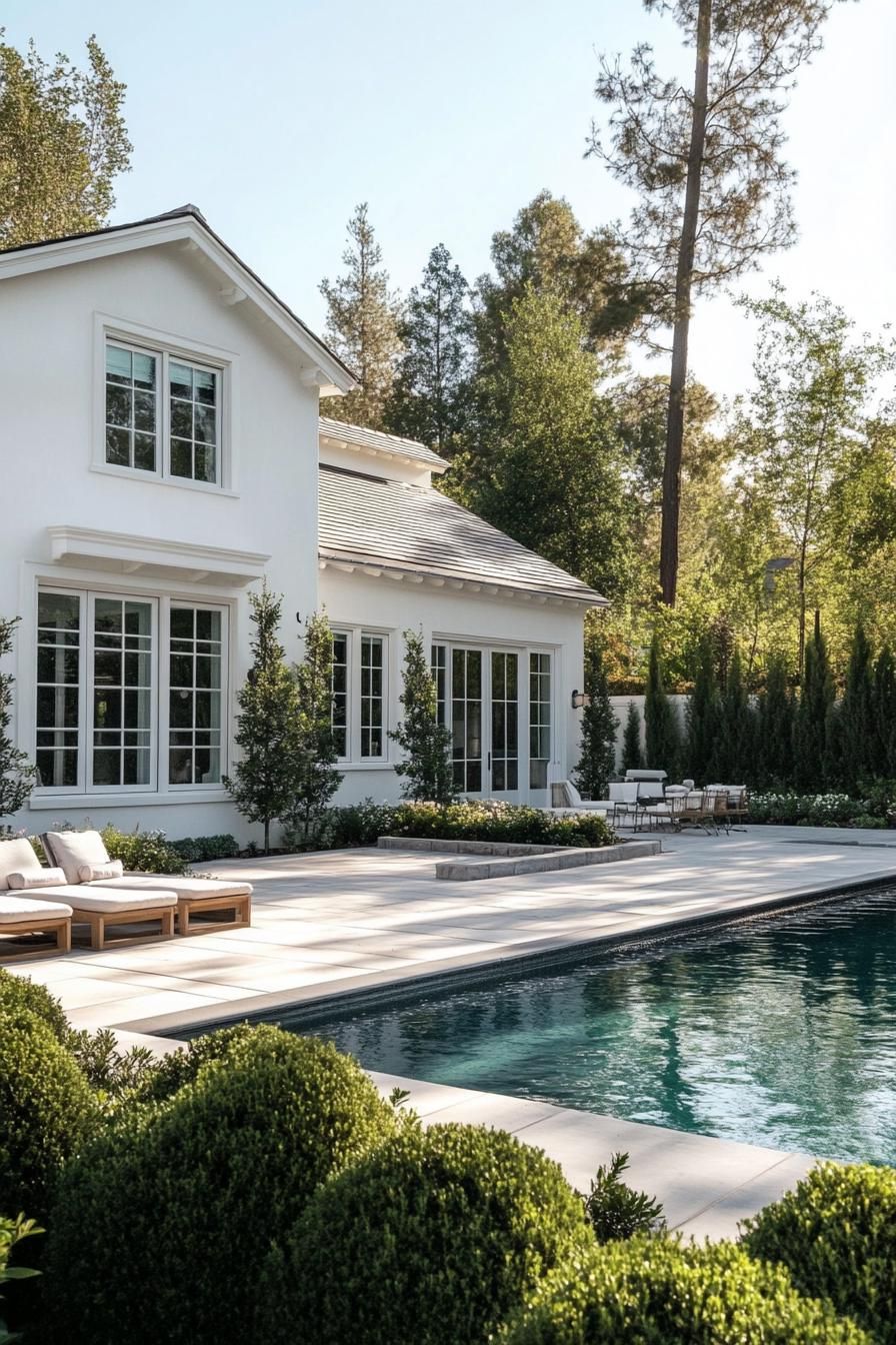 modern white european cottage with large white trim windows paved backyard with a pool geometric shrubs and tall trees 1