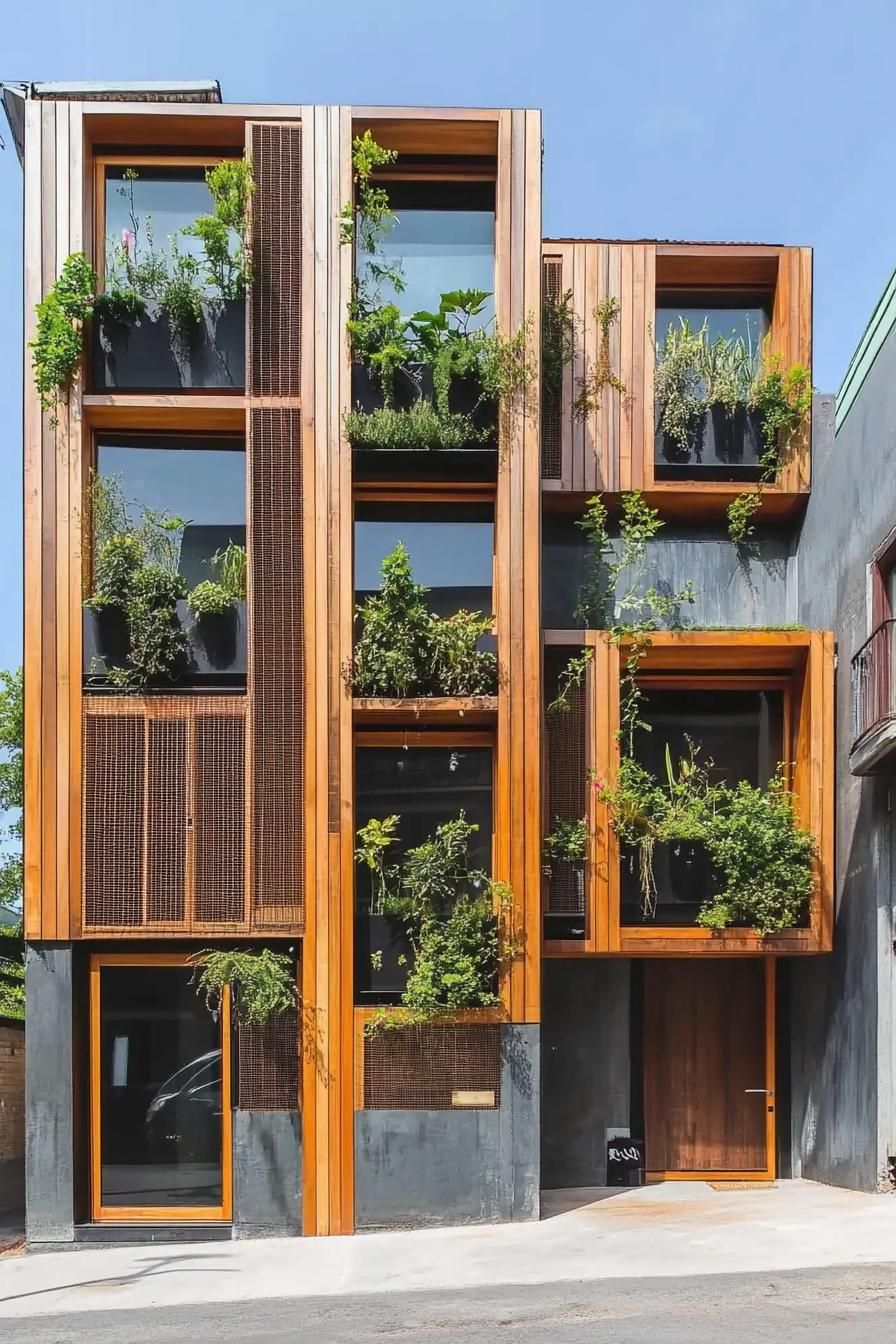 Wooden facade with plants enlivening it