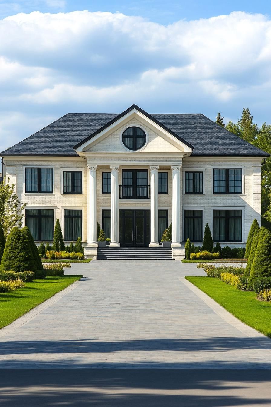 Stately mansion with grand columns and a circular window