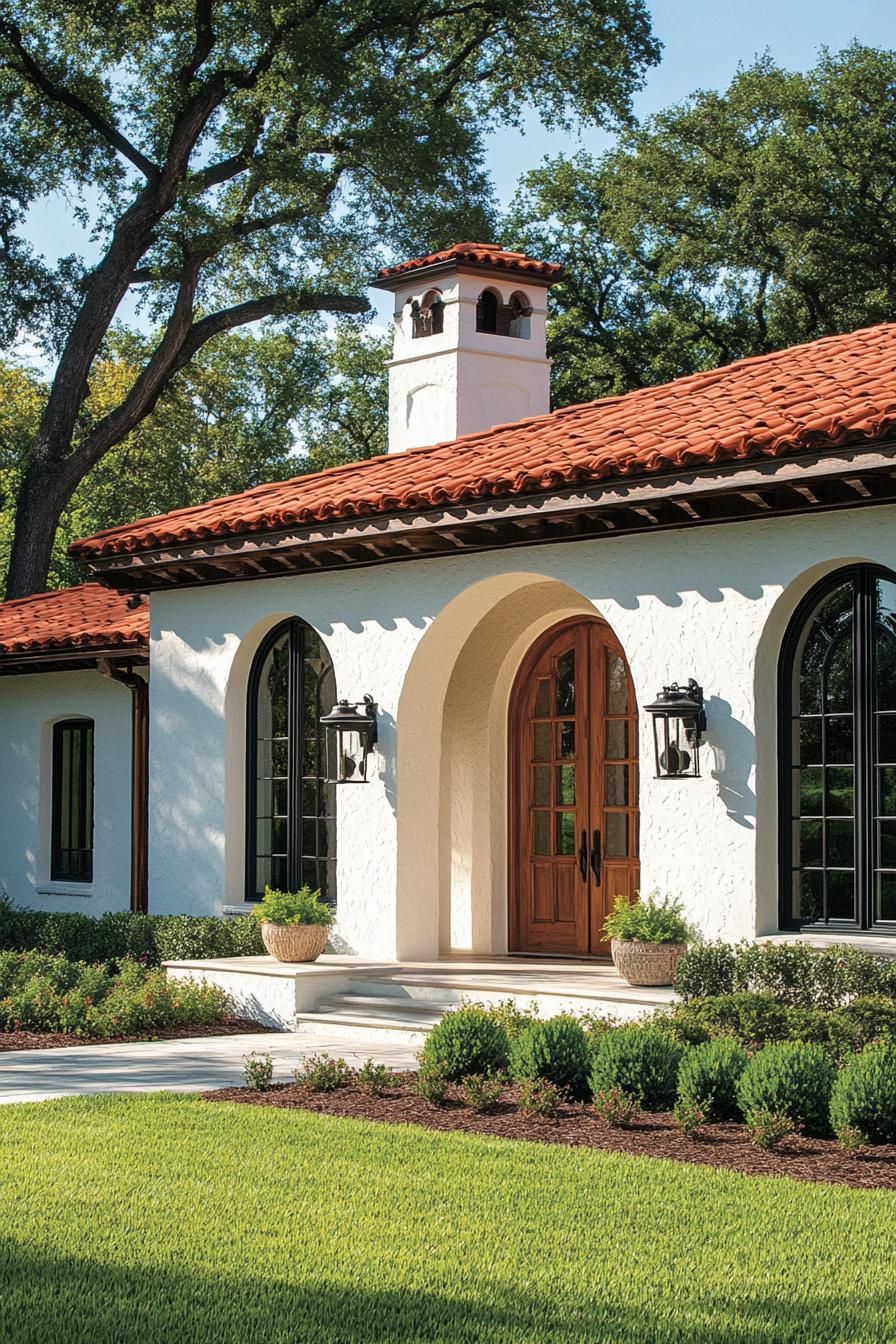 Modern bungalow with a red tile roof and archway