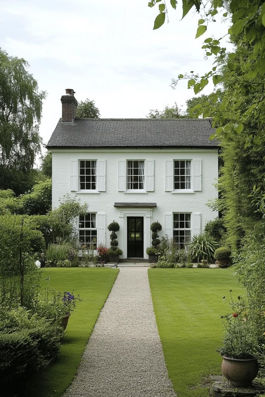 White Georgian home with manicured lawn and garden path