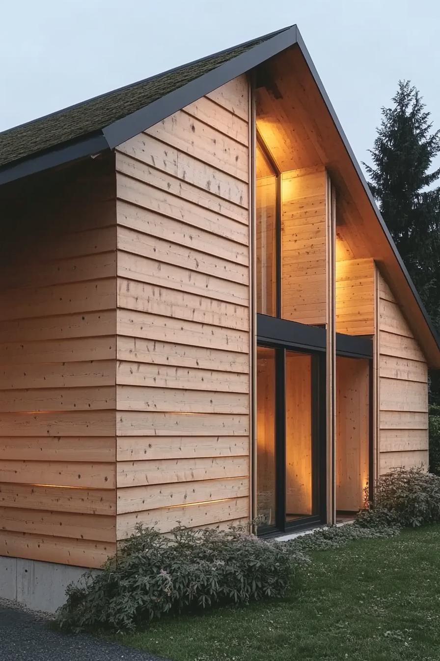 Warmly lit wooden cabin with a sloped roof