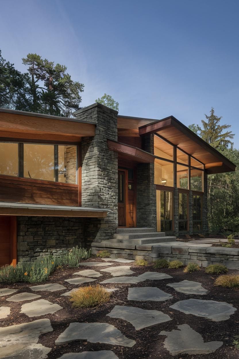 Stone facade of a mid-century ranch house with large windows