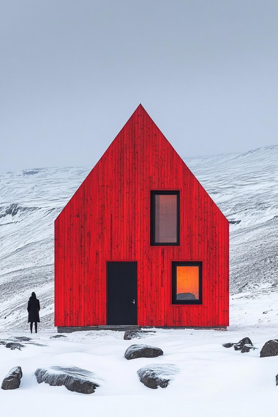 A vibrant red cabin standing in snowy landscape