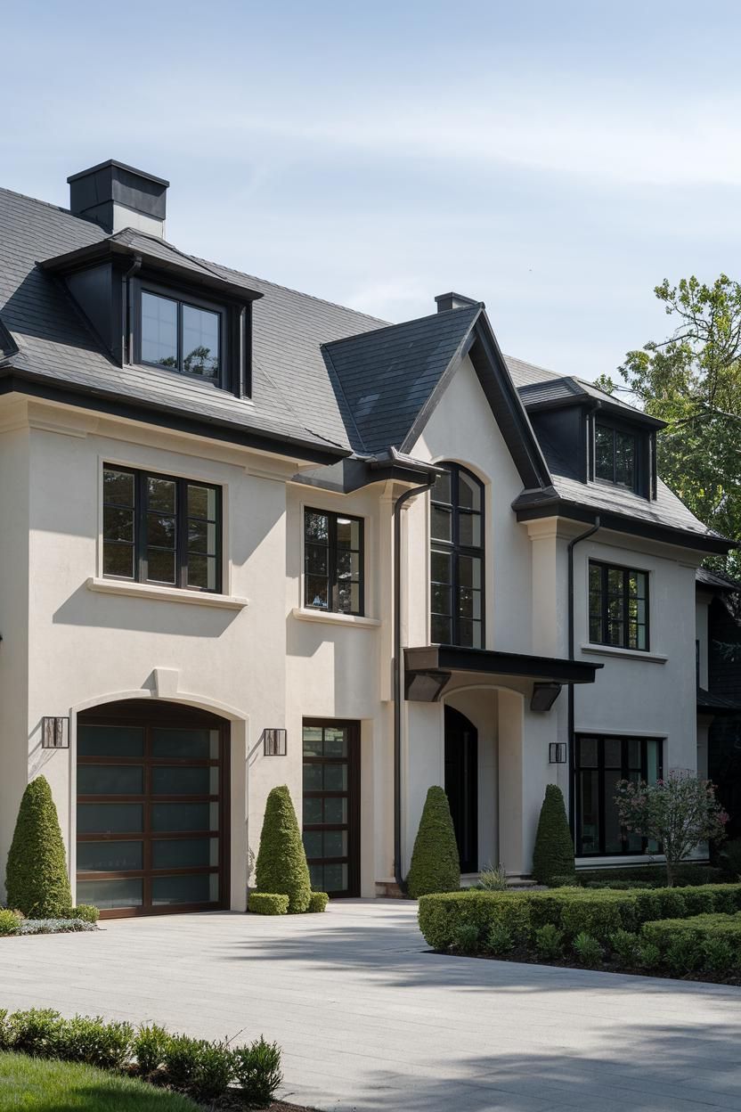 Modern suburban house with black-framed windows and lush greenery