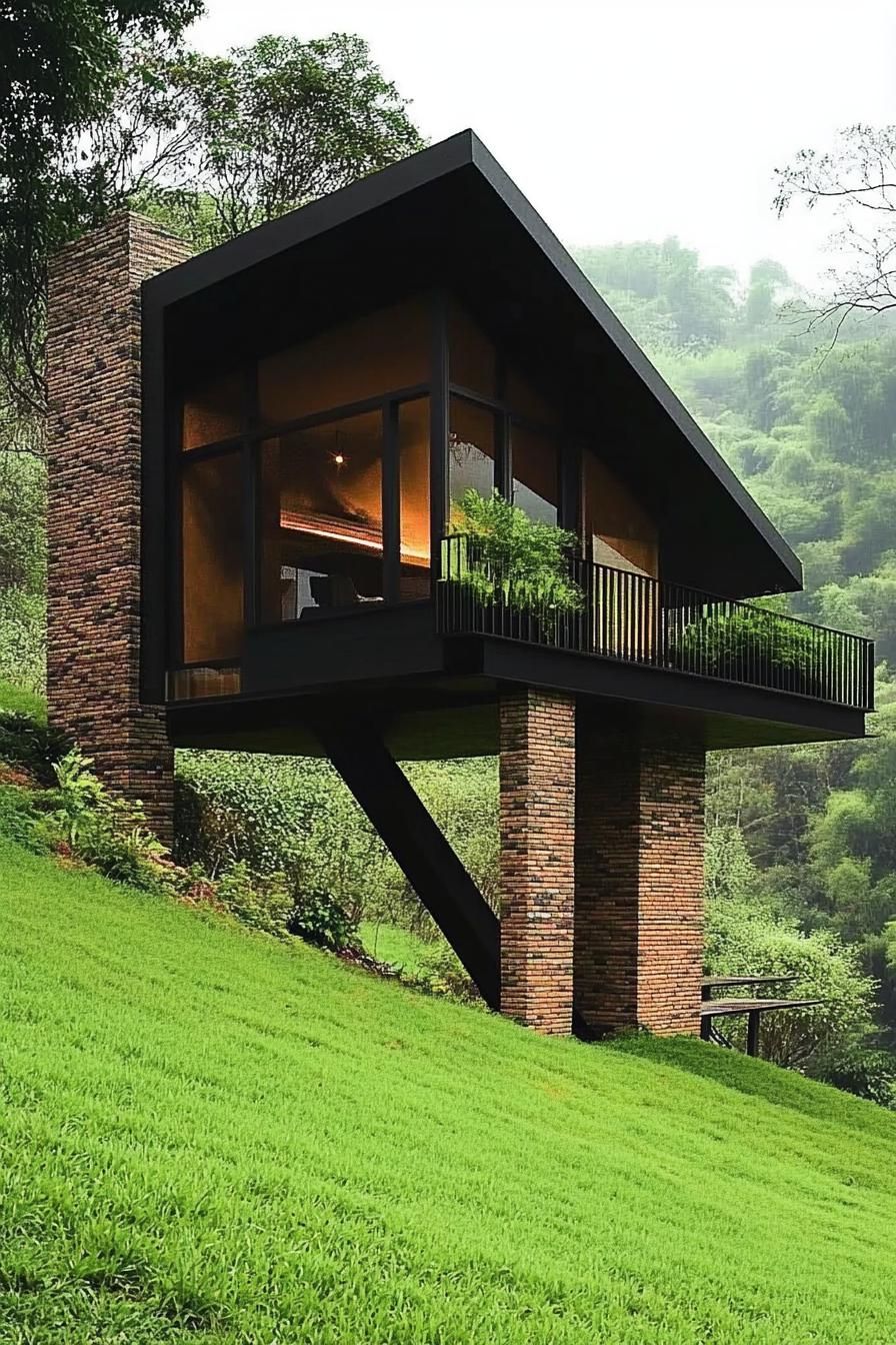 modern geometric cabin house on a steep green hillside slope supported on brick columns it has geometric roof a balcony modern windows 1