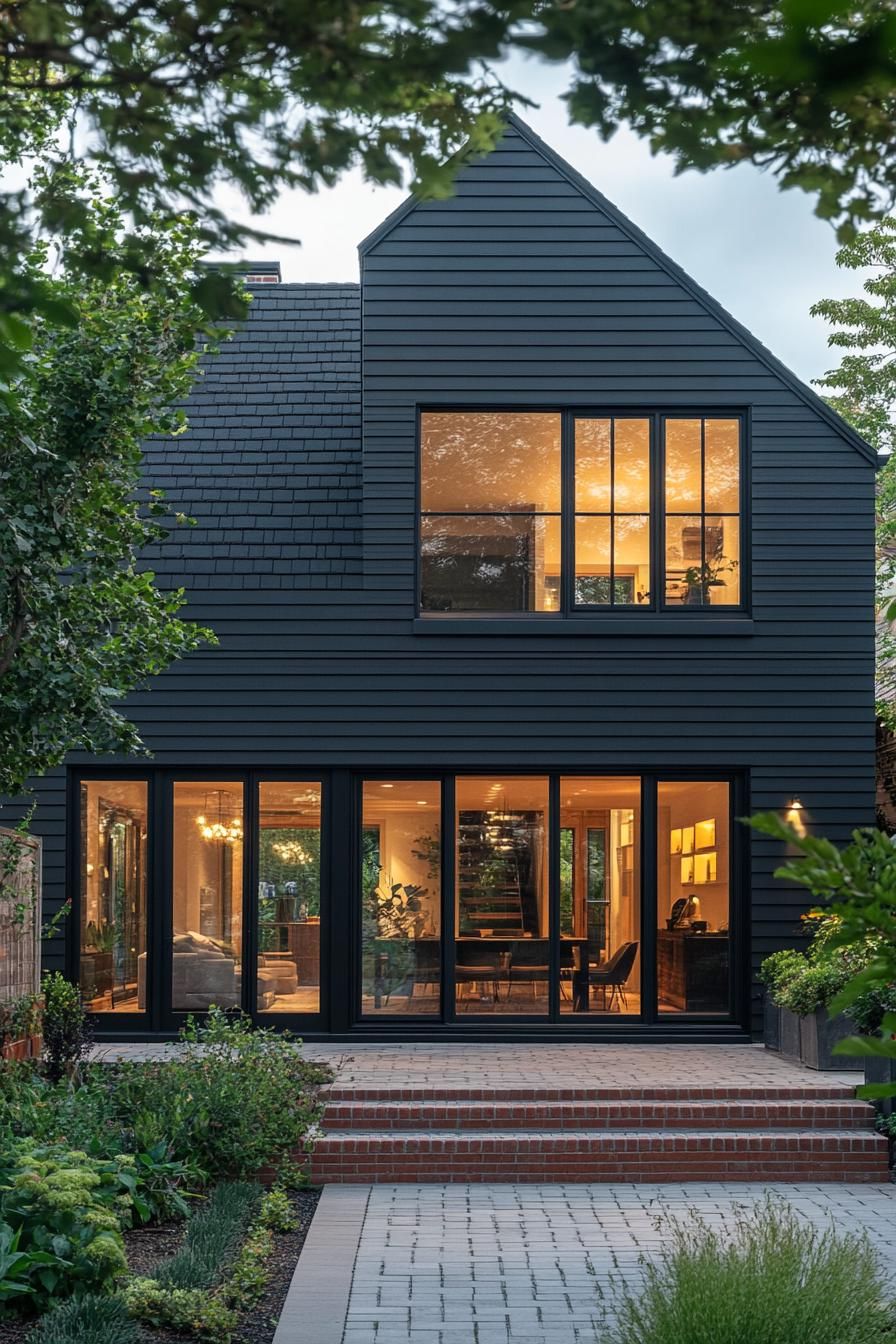 Chic black house with large windows and lush garden