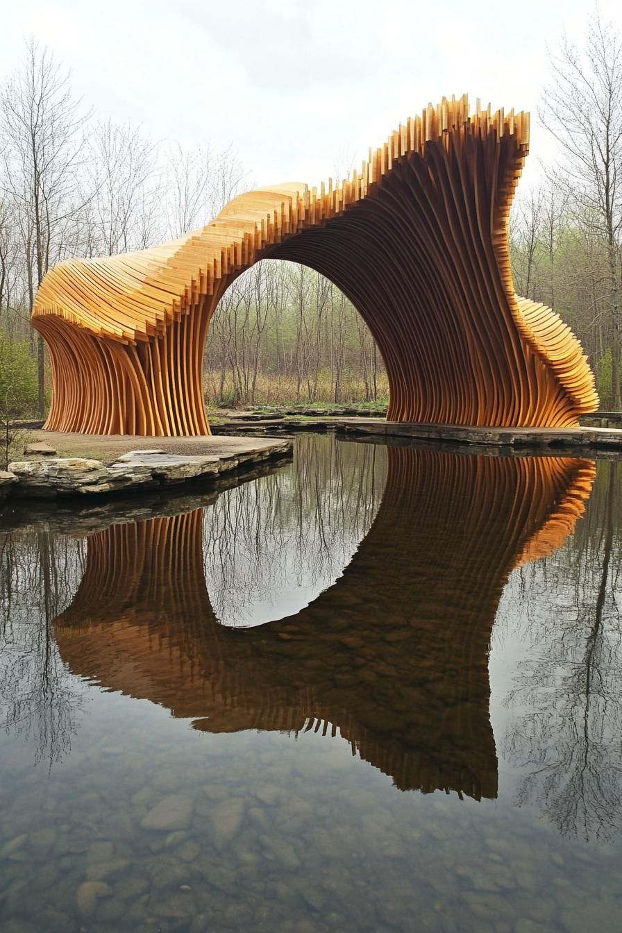 Wooden pavilion curves over a pond, reflecting in water