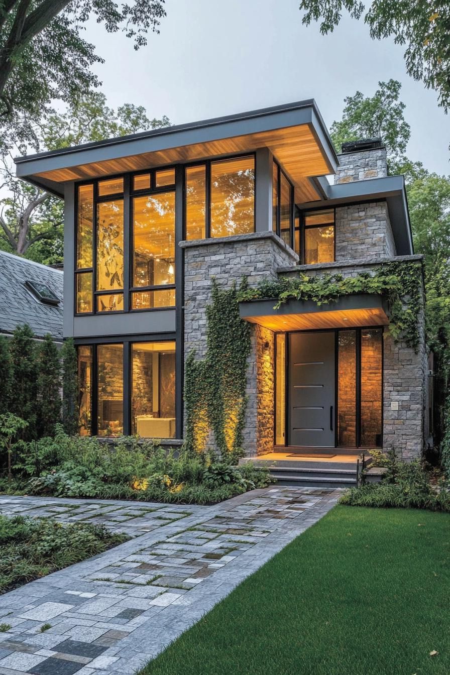 Contemporary stone house with large windows and greenery