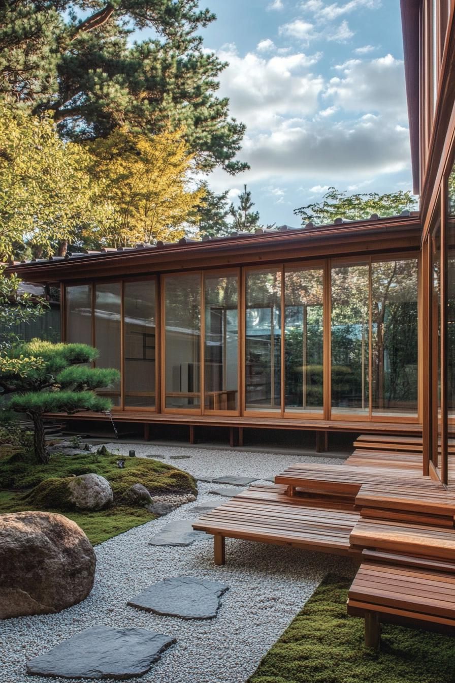 Peaceful wooden courtyard with lush trees and a stone path