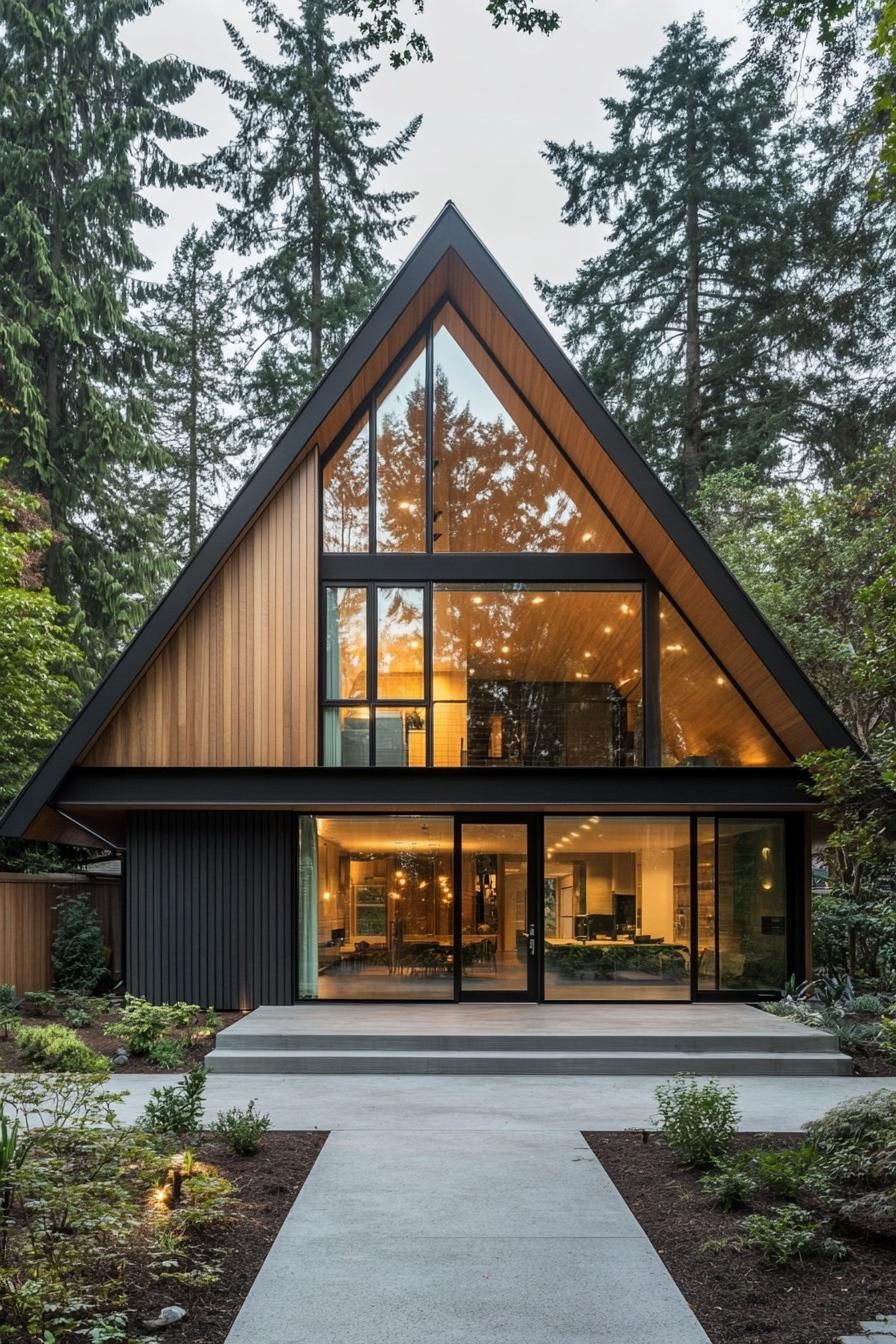 A modern A-frame bungalow nestled among tall trees